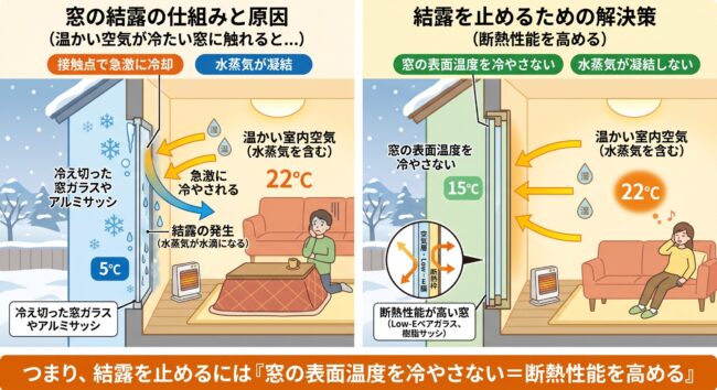 なぜ窓は結露する？原因とLow-Eペアガラスや樹脂サッシによる解決策を図解