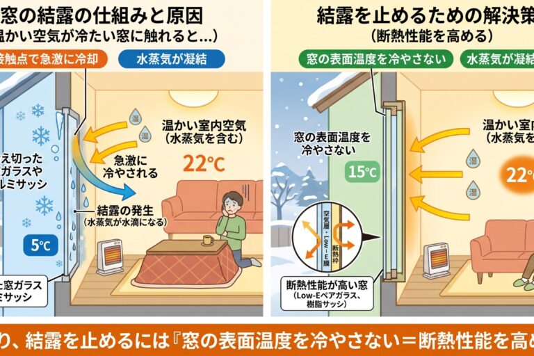なぜ窓は結露する？原因とLow-Eペアガラスや樹脂サッシによる解決策を図解