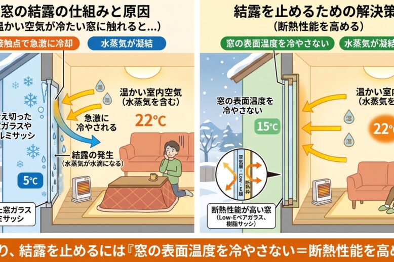 なぜ窓は結露する？原因とLow-Eペアガラスや樹脂サッシによる解決策を図解