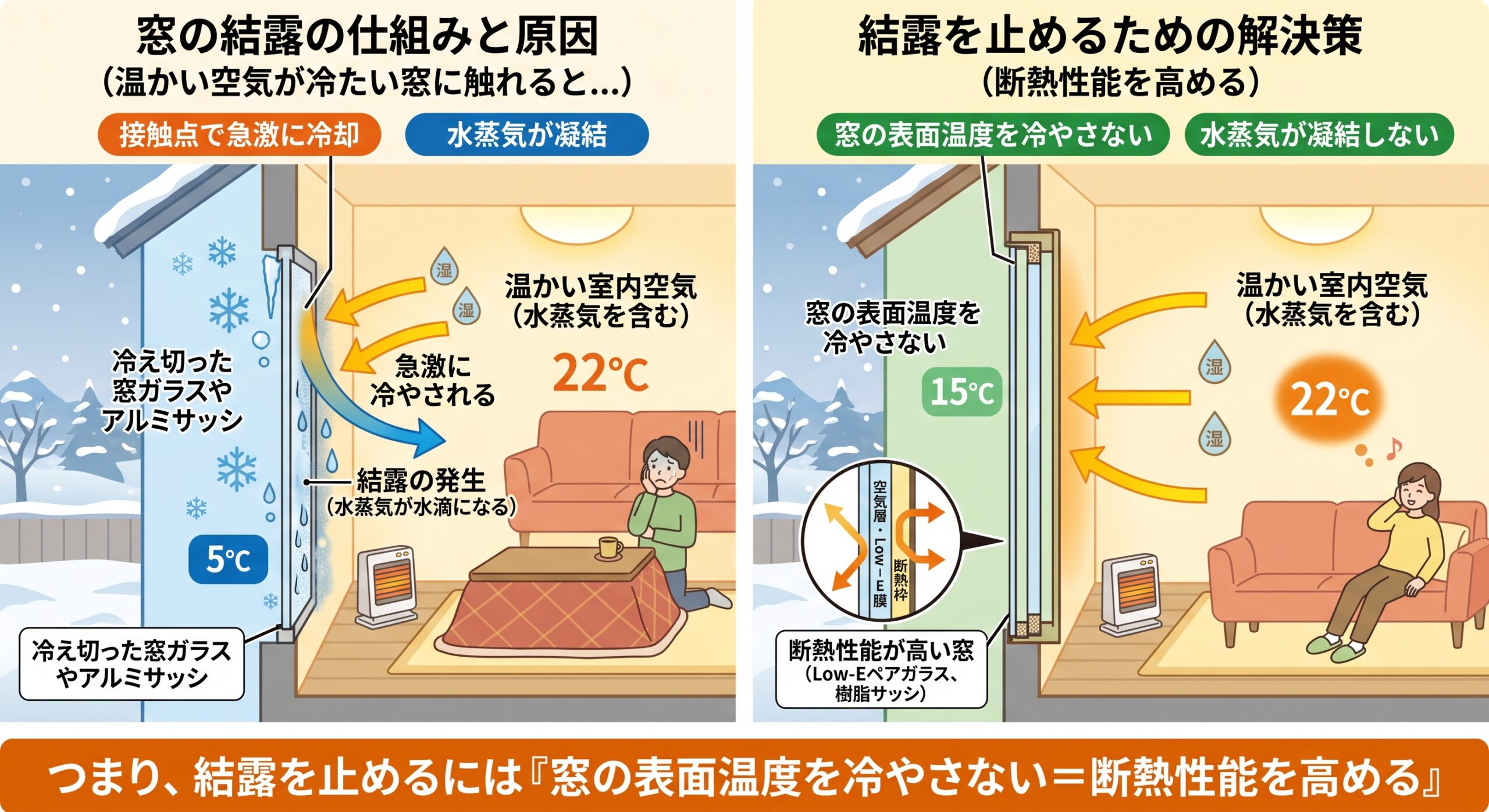 window-condensation-causes-and-insulation-solutions なぜ窓は結露する?原因とLow-Eペアガラスや樹脂サッシによる解決策を図解