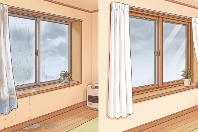 二重窓による結露防止効果を比較したイラスト。左側は単板ガラスの結露でカーテンや床が濡れて汚れた状態、右側は二重窓を後付けして結露がなく清潔に保たれた部屋のビフォーアフター。