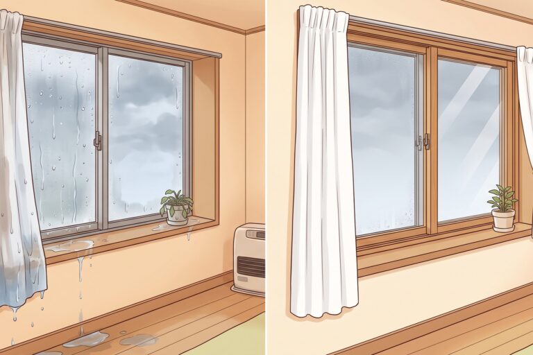 二重窓による結露防止効果を比較したイラスト。左側は単板ガラスの結露でカーテンや床が濡れて汚れた状態、右側は二重窓を後付けして結露がなく清潔に保たれた部屋のビフォーアフター。