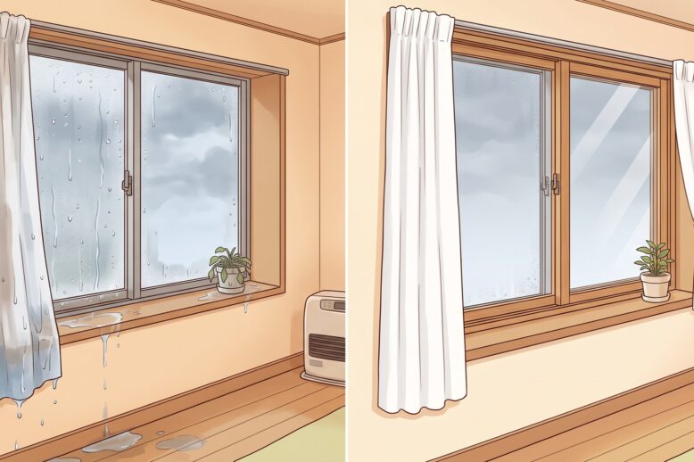 二重窓による結露防止効果を比較したイラスト。左側は単板ガラスの結露でカーテンや床が濡れて汚れた状態、右側は二重窓を後付けして結露がなく清潔に保たれた部屋のビフォーアフター。