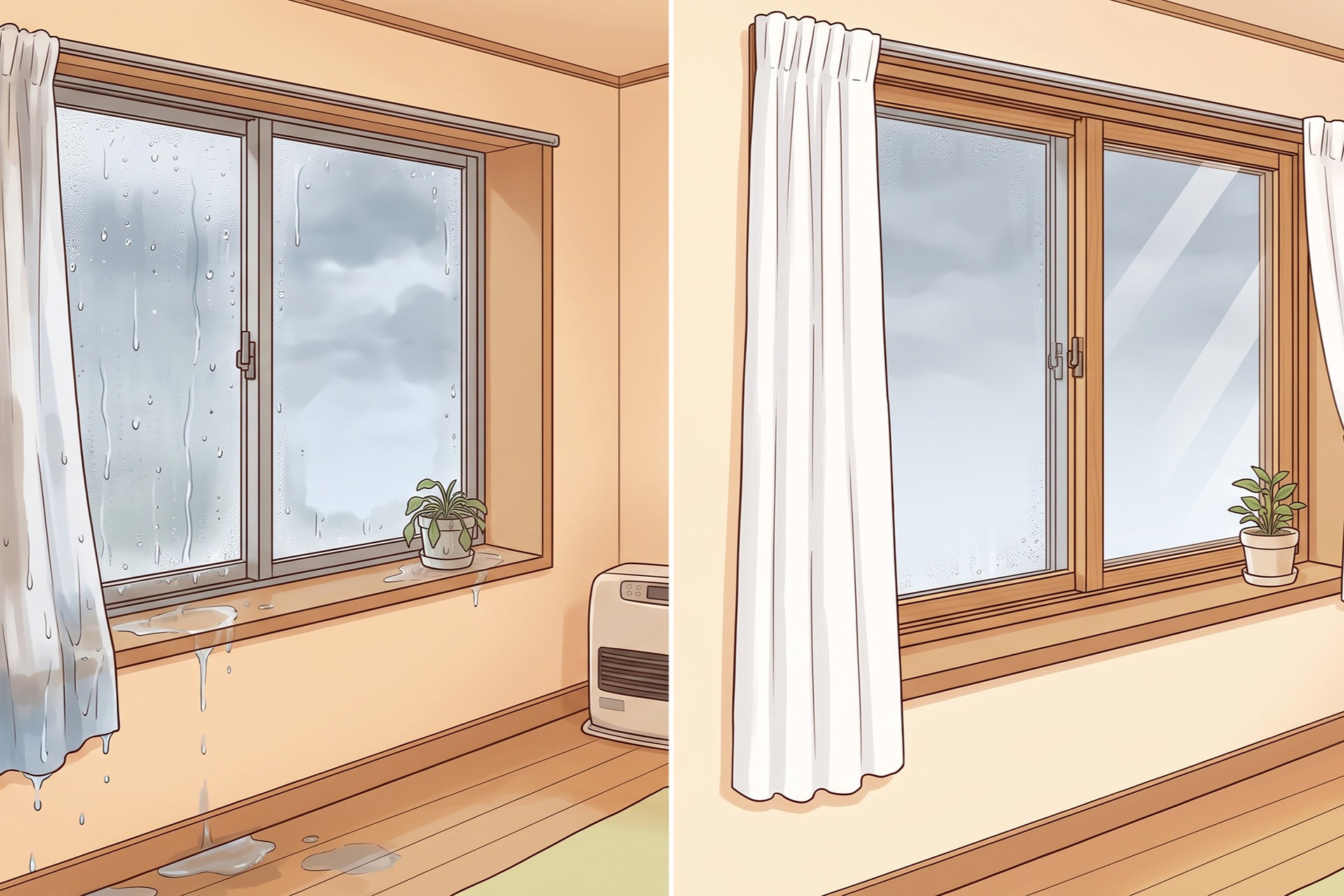 二重窓による結露防止効果を比較したイラスト。左側は単板ガラスの結露でカーテンや床が濡れて汚れた状態、右側は二重窓を後付けして結露がなく清潔に保たれた部屋のビフォーアフター。