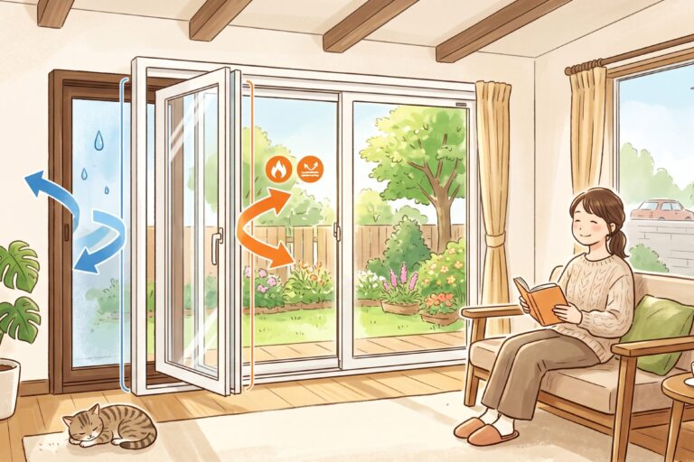 内窓・二重窓を取り付けて断熱効果を高めたリビングのイラスト。外気の冷気や結露を抑え、室内を暖かく保つリフォーム構造と、快適に読書をする女性が描かれています。