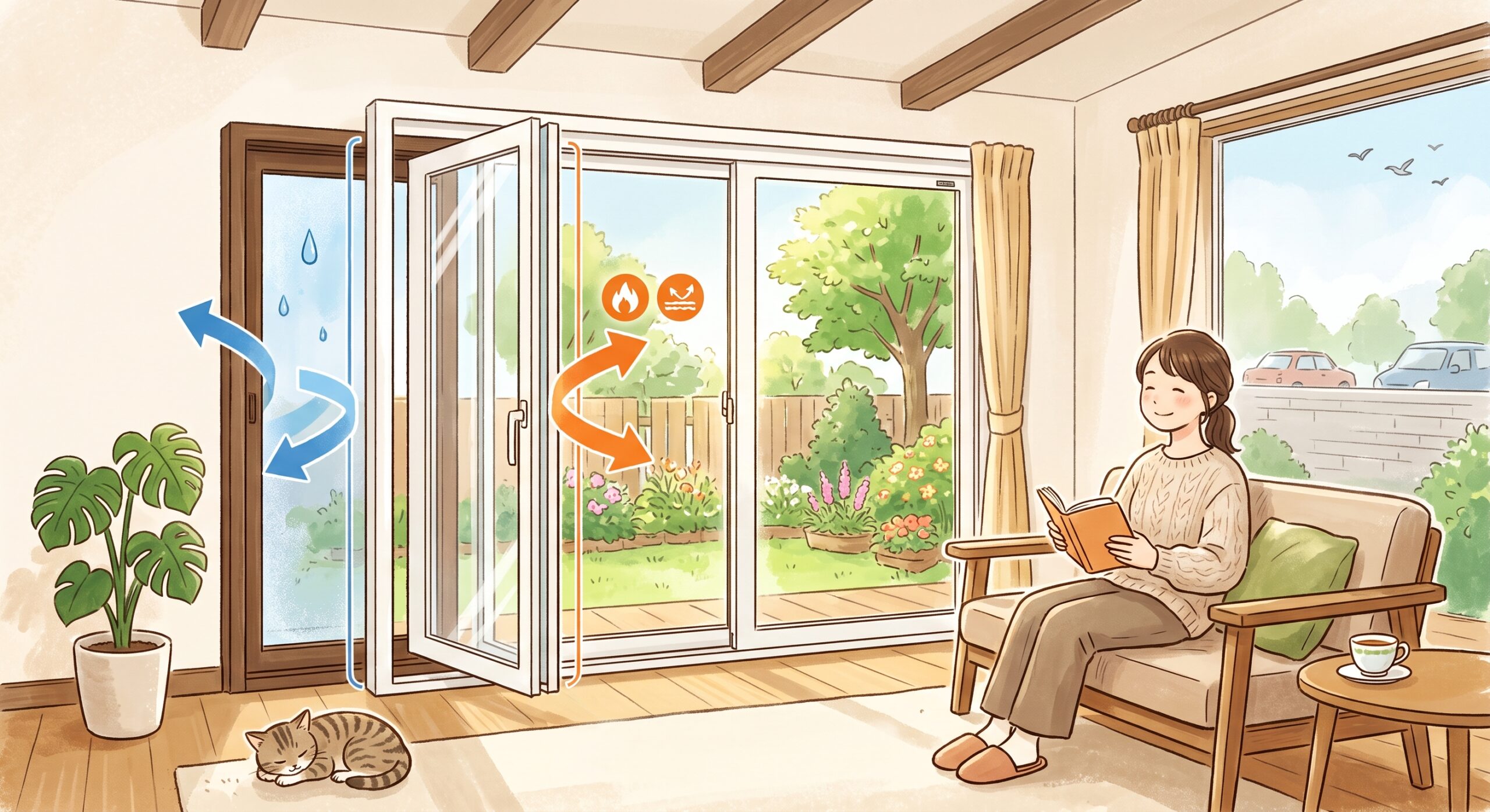 double-window-insulation-renovation-living-room 内窓・二重窓を取り付けて断熱効果を高めたリビングのイラスト。外気の冷気や結露を抑え、室内を暖かく保つリフォーム構造と、快適に読書をする女性が描かれています。