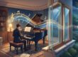 二重窓の防音効果を表現したイラスト。室内のグランドピアノから出る大きな音の波が、断面構造の多層ガラス窓を通ることで抑えられ、夜の住宅街への音漏れを防いでいる様子。