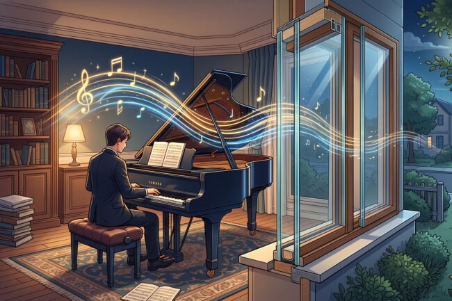 二重窓の防音効果を表現したイラスト。室内のグランドピアノから出る大きな音の波が、断面構造の多層ガラス窓を通ることで抑えられ、夜の住宅街への音漏れを防いでいる様子。