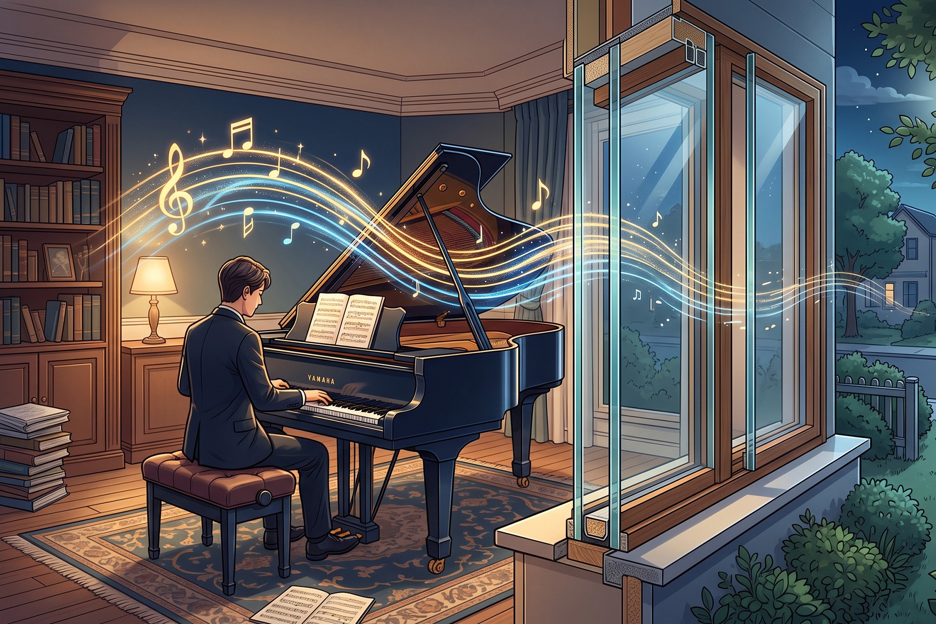 soundproof-double-glazed-window-piano-room-illustration 二重窓の防音効果を表現したイラスト。室内のグランドピアノから出る大きな音の波が、断面構造の多層ガラス窓を通ることで抑えられ、夜の住宅街への音漏れを防いでいる様子。