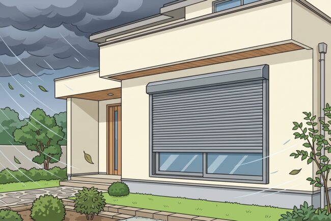 風や暴風雨の中、住宅の窓に後付けされたグレーの窓シャッター（雨戸）が防災のために機能している様子を描いたイラスト。