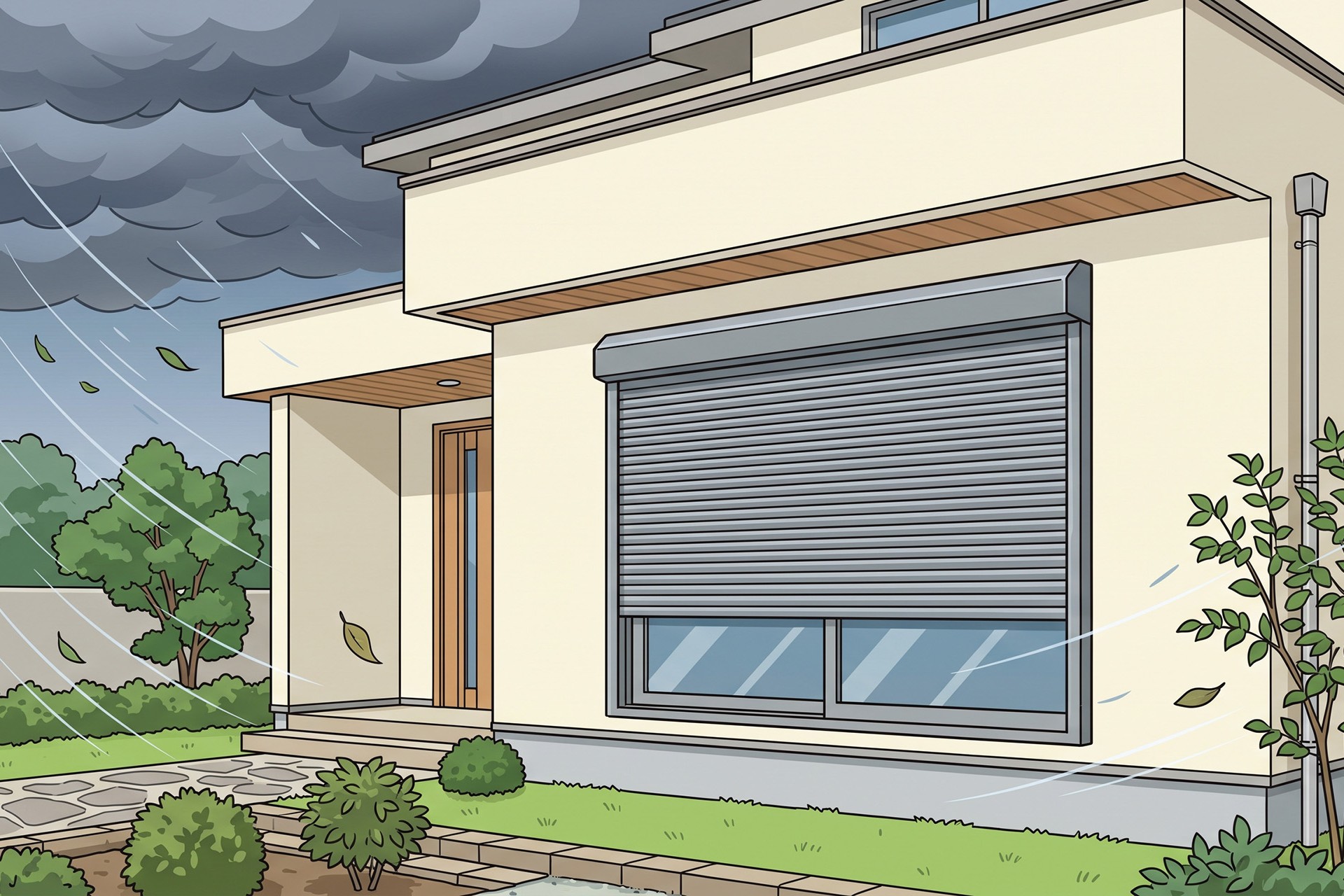 typhoon-disaster-prevention-window-shutter-house-illustration 風や暴風雨の中、住宅の窓に後付けされたグレーの窓シャッター(雨戸)が防災のために機能している様子を描いたイラスト。