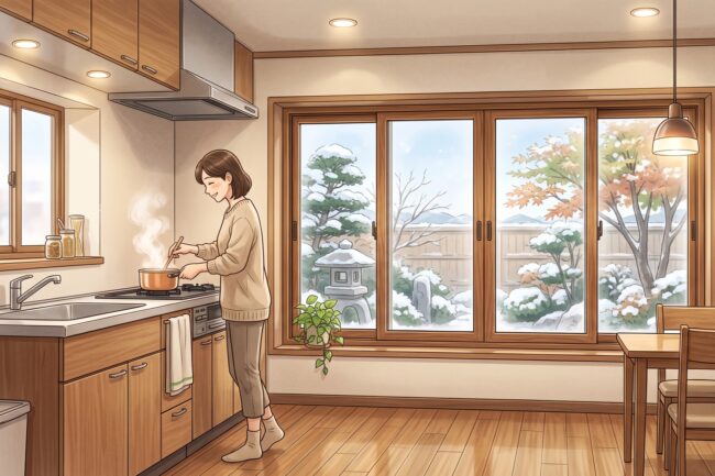 雪が積もる冬の庭を二重窓越しに眺めながら暖かいキッチンで料理をする女性のイラスト。木目調のインテリアと断熱効果のある二重窓が描かれている。