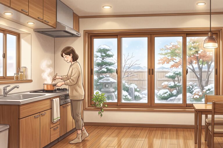 雪が積もる冬の庭を二重窓越しに眺めながら暖かいキッチンで料理をする女性のイラスト。木目調のインテリアと断熱効果のある二重窓が描かれている。